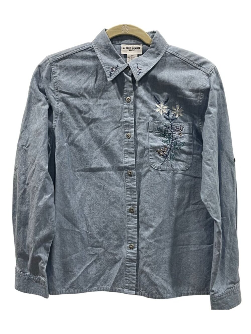 Alfred Dunner Floral Chambray Button Up Shirt 12P Blue Embroidered Cottagecore